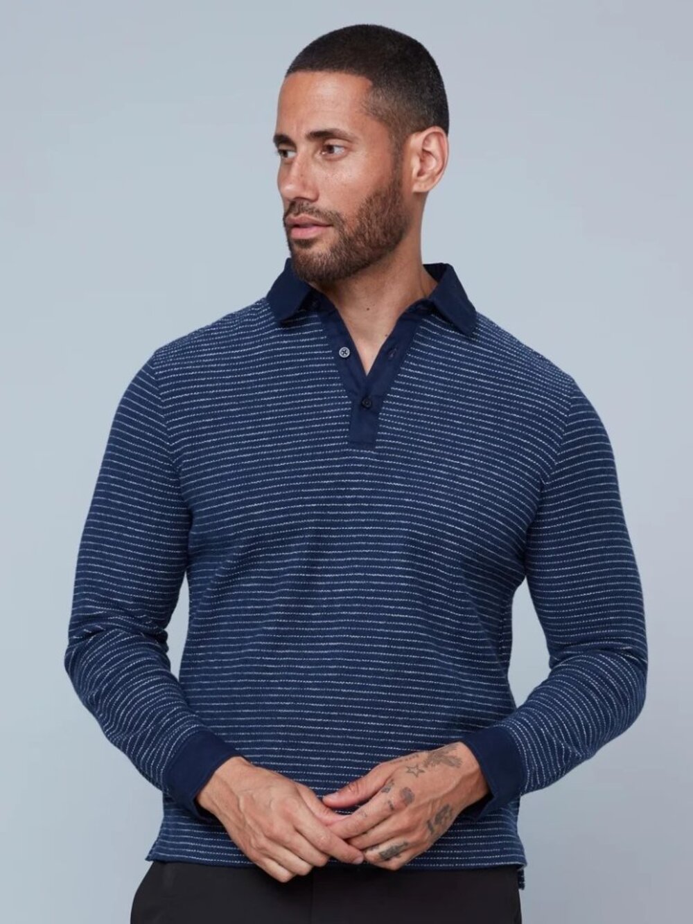 HEDGE Navy with White Striped Knit Polo/54372